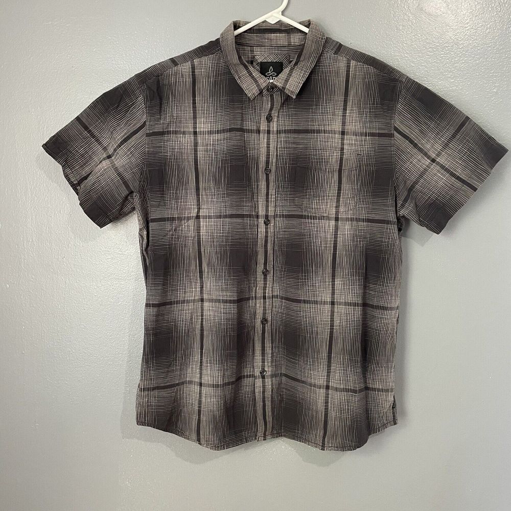 PrAna Shirt‎ Mens XL Gray Plaid Organic Cotton Blend Front Pocket Performance